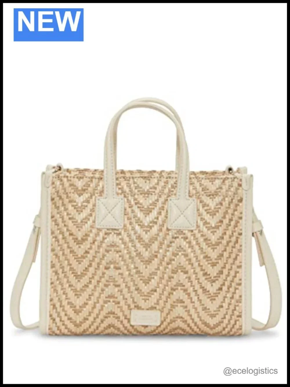 Woven Straw Leather Snap Tote Bag with Handles